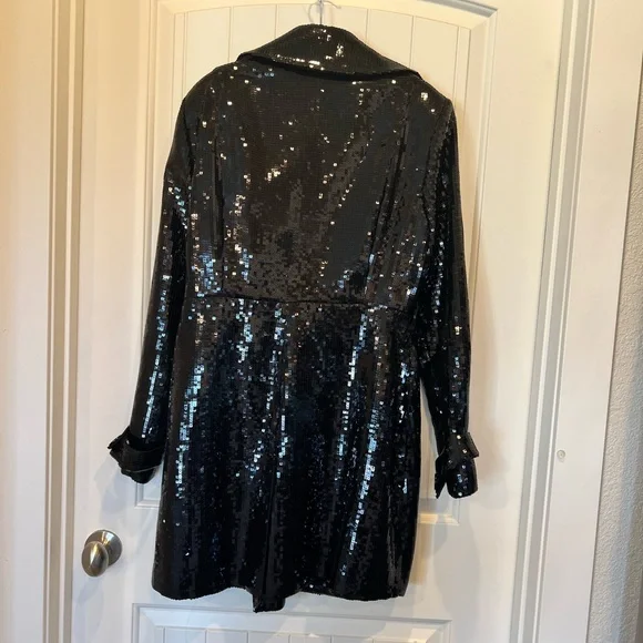 BEBE NWT SEQUIN TRENCH COAT BLACK SHINY TUXEDO COUTURE GALA FORMAL JACKET GLAMOR - Picture 4 of 16